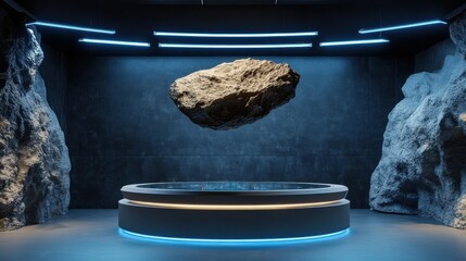 Sticker - a floating rock within a modern futuristic exhibition chamber