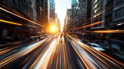 Wall Mural - a futuristic highway illuminated by vibrant light trails rushing toward the city's skyline post-suns
