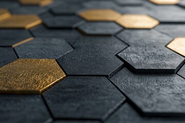 Wall Mural - abstract background showcasing interlocking hexagons in a sleek metallic finish, featuring fine text