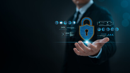 Wall Mural - cyber ​​security, firewalls, internet security, data protection digital crime, businessman protects 