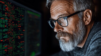 A software developer and IT technical support specialist, male, fixes service glitches by operating a computer with a green screen mock-display within a monitoring control room