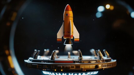 Wall Mural - a miniature rocket takes off from a launchpad in space