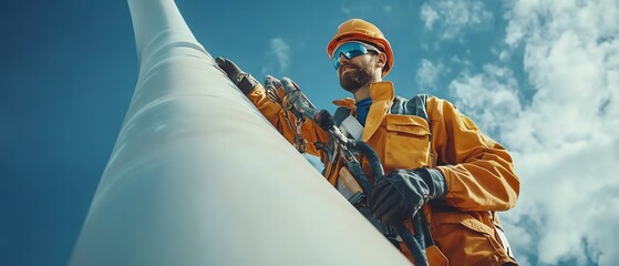 Poster - Maintenance team working on wind turbine blade with crane, making precise adjustments, ecofriendly renewable energy project, hightech equipment used for repair