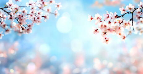 Poster - Delicate cherry blossoms fill the branches, marking the arrival of spring. The soft pastel colors blend beautifully against a blurred blue backdrop, evoking tranquility and renewal.