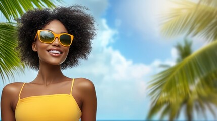 Wall Mural - A cheerful woman wearing yellow sunglasses enjoys the sun on a vibrant tropical beach, embodying a spirit of relaxation and joy in paradise.