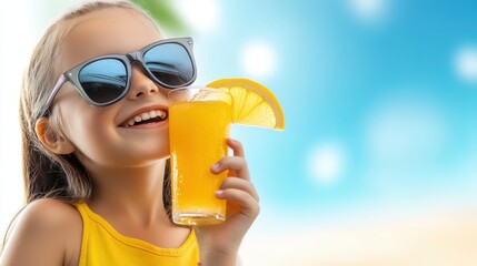 Wall Mural - A young girl enjoys a refreshing glass of orange juice while sporting stylish sunglasses on a sunny day.