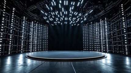 Wall Mural - a high-definition 360-degree full panorama of a sleek black studio, featuring bright lights and refl