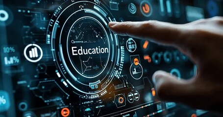 Fototapete - Human Hand Touching Digital Screen With Education Text Against Dark Futuristic Background