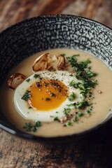 Wall Mural - A savory creamy egg soup topped with fried mushrooms and garnished with parsley, perfect for a delicious meal or breakfast.