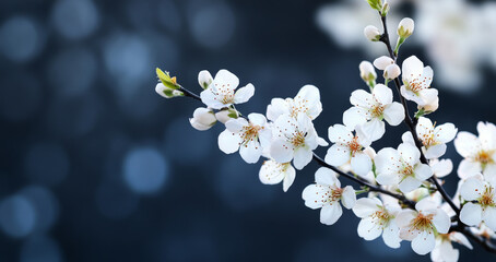 Poster - Delicate cherry blossoms showcase their white petals as they bloom vibrantly during spring. The soft background complements their beauty, creating a serene and enchanting atmosphere outside.