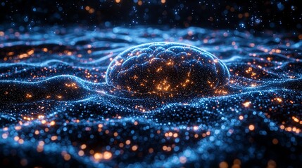 Poster - a futuristic brain glowing with intricate high-tech digital circuit details
