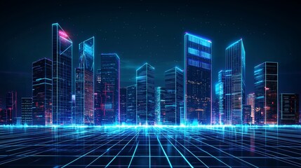 Wall Mural - an abstract digital city design showcasing a cityscape with space and neon light effects, embodying 