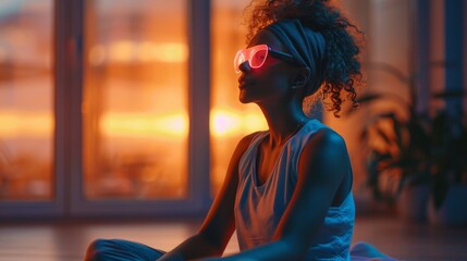 Aufkleber - A person engaged in mindfulness activities wears unique glasses while meditating during a calming sunset, highlighting the importance of digital therapy for mental wellness.