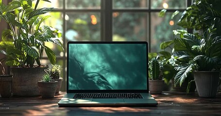 Poster - Laptop Displaying Green Abstract Background on a Wooden Table and Planted Background with Natural Light