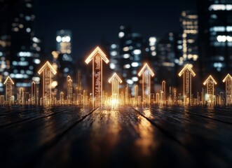 Poster - glowing arrows ascend from the city's horizon, symbolizing growth and development in a digital lands
