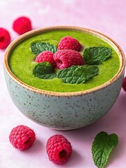 Fresh green smoothie with raspberries and mint leaves. A healthy and refreshing summer dessert or snack.