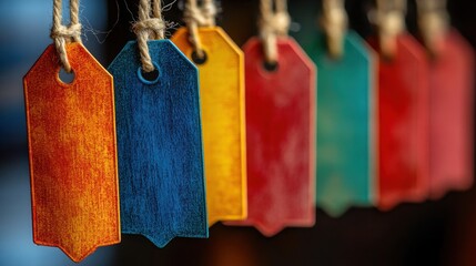 Colorful sales tags hanging from a string in a creative display for retail or promotional purposes