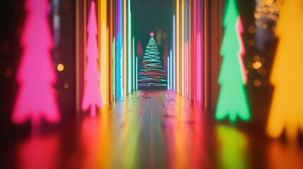 This retro futurism vaporwave design features glitched cyber Xmas trees on a futuristic abstract background, complete with copy space