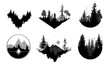 © aura studio - Vector set of geometric landscapes in circle, triangle, rhombus, natural scenery with wild pine forests, flat vector for company logo, camping logo, adventure emblem, mountain badge