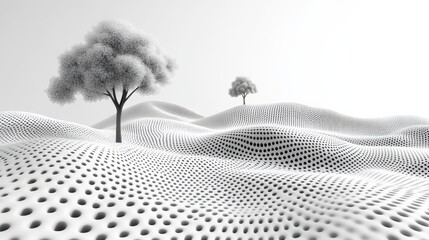 Monochrome landscape Two trees on textured hills.  Website background