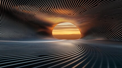 Wall Mural - futuristic abstract tunnel illuminated by neon blue rays and featuring round arches, with a high-tec