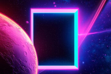 Wall Mural - a dark space filled with planets and stars is illuminated by a retro futuristic neon frame