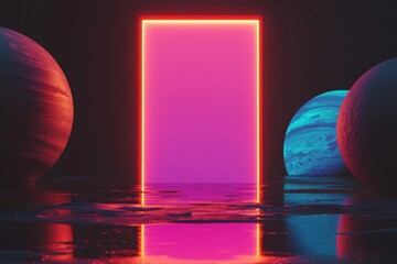 Wall Mural - a retro futuristic neon frame casts a glow over a dark space that is populated by planets and stars