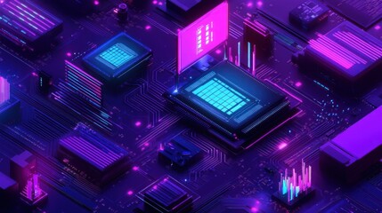 Wall Mural - Isometric view of a futuristic computer motherboard with glowing components and data streams.