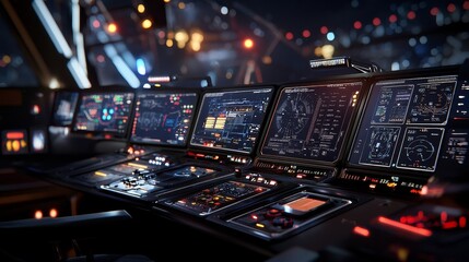 In a dimly lit, high-tech setting, data streams weave across numerous screens, ideal for showcasing cybersecurity or tech concepts