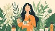 © zen - A woman holding a herbal tea cup, surrounded by medicinal plants and wellness products