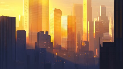 Wall Mural - golden sunset over skyscrapers in urban cityscape scene