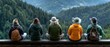 © adaptable_ Lark98A1 - A group of friends enjoying a scenic mountain view, sitting side by side, immersed in nature's beauty.