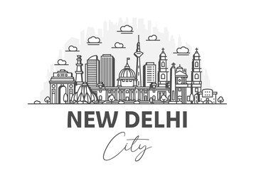 Wall Mural - New Delhi, India architecture line skyline illustration with shadows. Linear vector cityscape with famous landmarks, city sights, design icons.