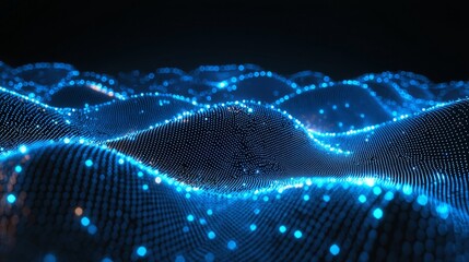 Wall Mural - flying through a futuristic scene featuring a 3d blue digital mountain terrain and an abstract techn