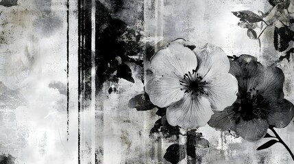Poster - A dramatic moody and abstract floral composition in black and white featuring vintage inspired grunge textures a muted color palette and a captivating ethereal atmosphere