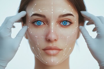 Poster - Medical illustration of a female face showing precise Botox injection points with detailed facial anatomy. Generative AI