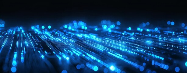Wall Mural - a digital network circuit board background in blue and black with glowing lights and connecting data