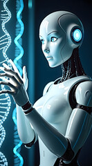 Wall Mural - a futuristic robot with a sleek design gazes thoughtfully at glowing strands of light, showcasing a 