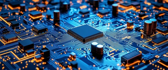 A printed circuit board for a futuristic server, processing code. The background is a vibrant 3D rendering with orange, green, and blue technology hues and bokeh.