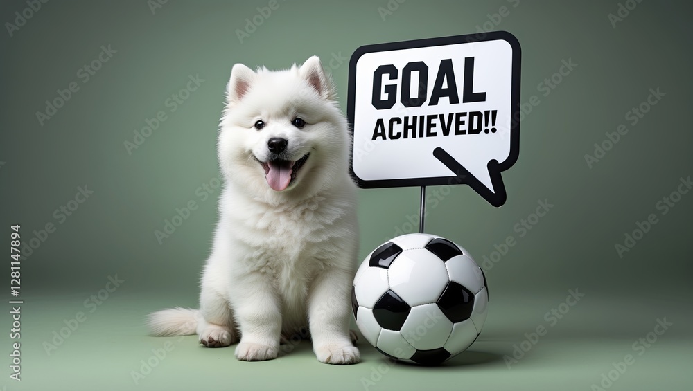 Cute white Samoyed puppy sitting next to a soccer ball, smiling with a ...