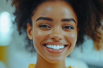 young woman feeling happy while looking at professional dentist and showing her teeth after whitenin