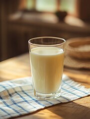 Aufkleber - Creamy beverage sits in a clear glass on a checkered cloth near a window in a sunlit kitchen. Generative AI