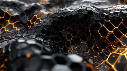 Wall Mural - Abstract 3D rendering of a dark, metallic honeycomb structure with glowing orange accents.