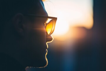 Poster - Man with sunglasses gazes at sunset over the horizon during a serene evening in the city. Generative AI