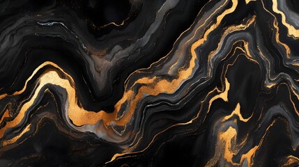 Leinwandbilder - Captivating abstract background featuring a mesmerizing blend of black and gold tones creating a fluid marble like texture with elegant swirls and waves