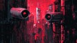 © mila - Surveillance cameras overlook a futuristic city illuminated in red