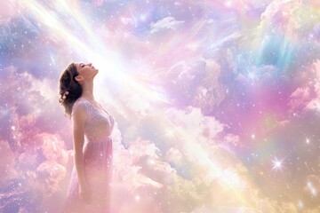 Wall Mural - the image features a woman in a dress, silhouetted against a celestial backdrop with a radiant beam 