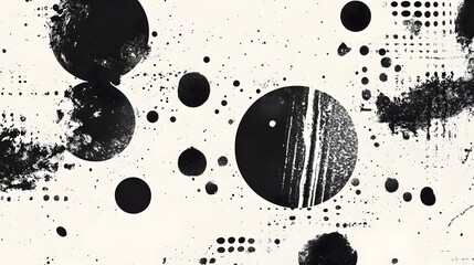Leinwandbilder - Captivating abstract monochrome composition featuring overlapping spheres fluid paint splatters and minimalist geometric patterns  This visually striking digital artwork evokes a sense of depth