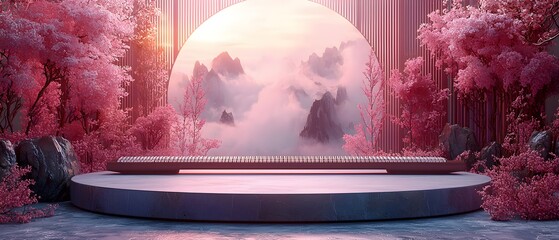 Wall Mural - A pink and blue scene with a large round stage and a pink and blue sky