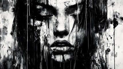 Aufkleber - Captivating and enigmatic feminine portrait showcasing a striking monochrome aesthetic with a heavily textured moody and dramatic visual style
